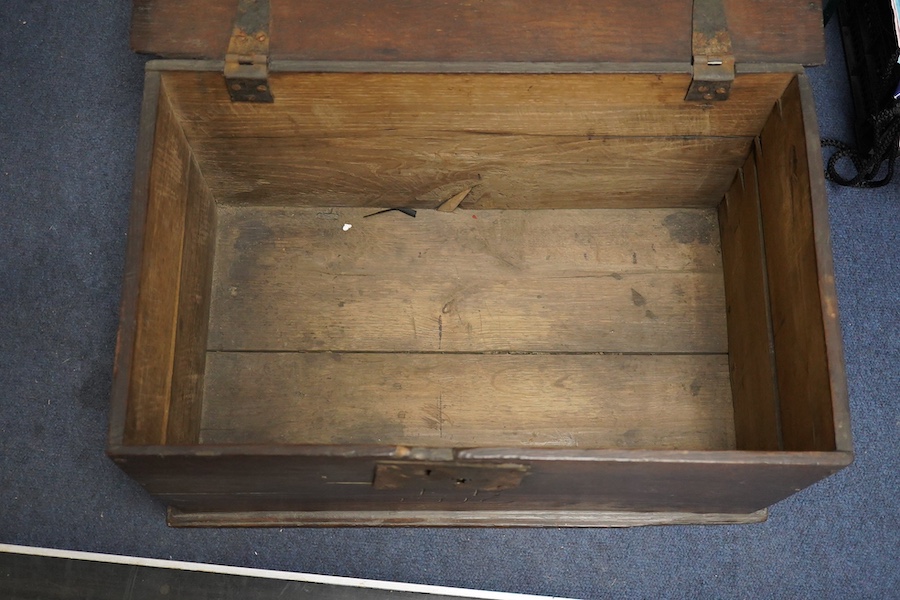 A George I oak bible box, circa 1716, carved with initials ‘EB’ and date, 50cm wide. Condition - poor to fair